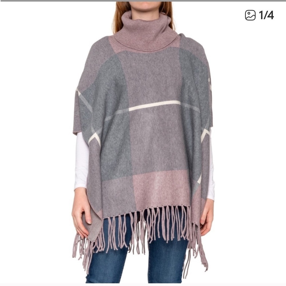 House of Harlow Revolve Fringe Poncho SWEATER Stone Violet Heather/Gunmetal OS